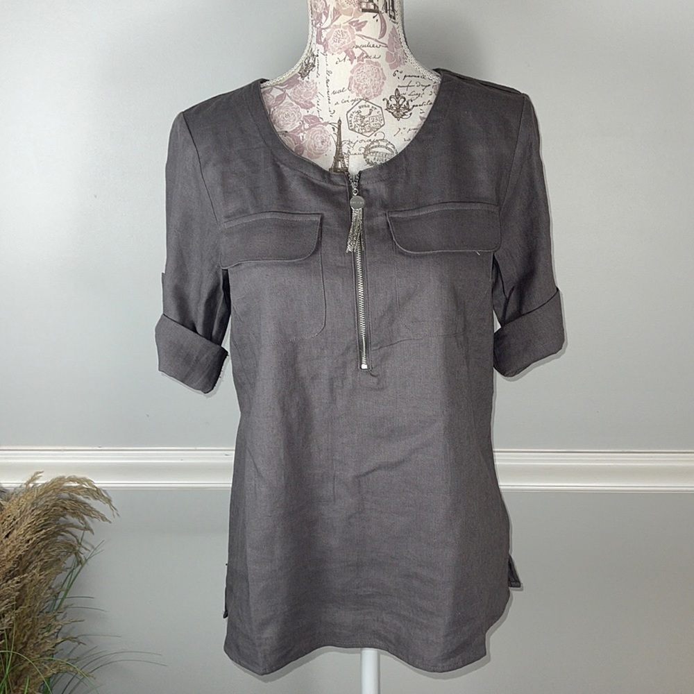 NWT Anne Klein Gray Linen Blouse Small